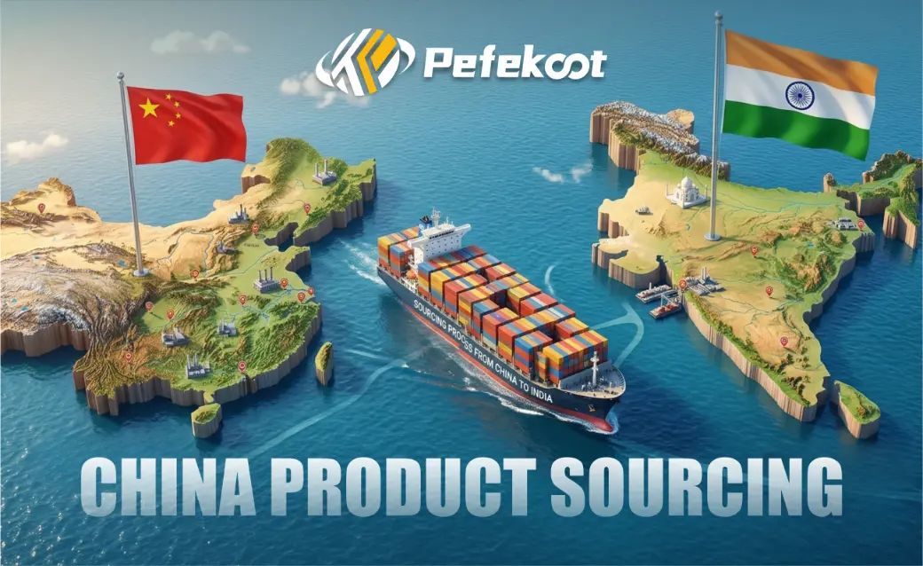 Cargo ship sailing from China to India on a 3D map, representing Pefekoot's expert China product sourcing and doorstep DDP logistics services.